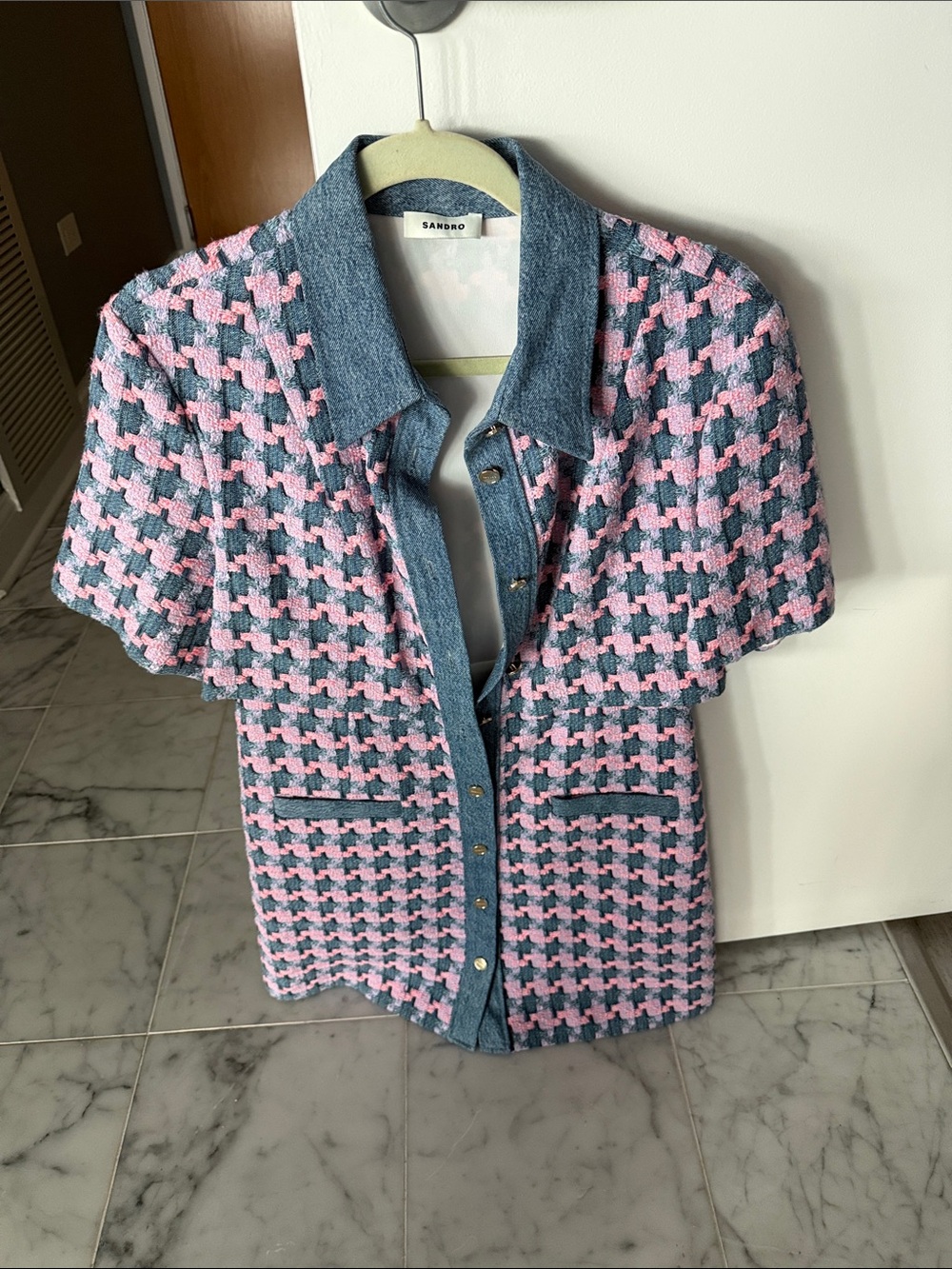 Sandro Pink and Blue Tweed Short-Sleeve Jacket with Denim Trim